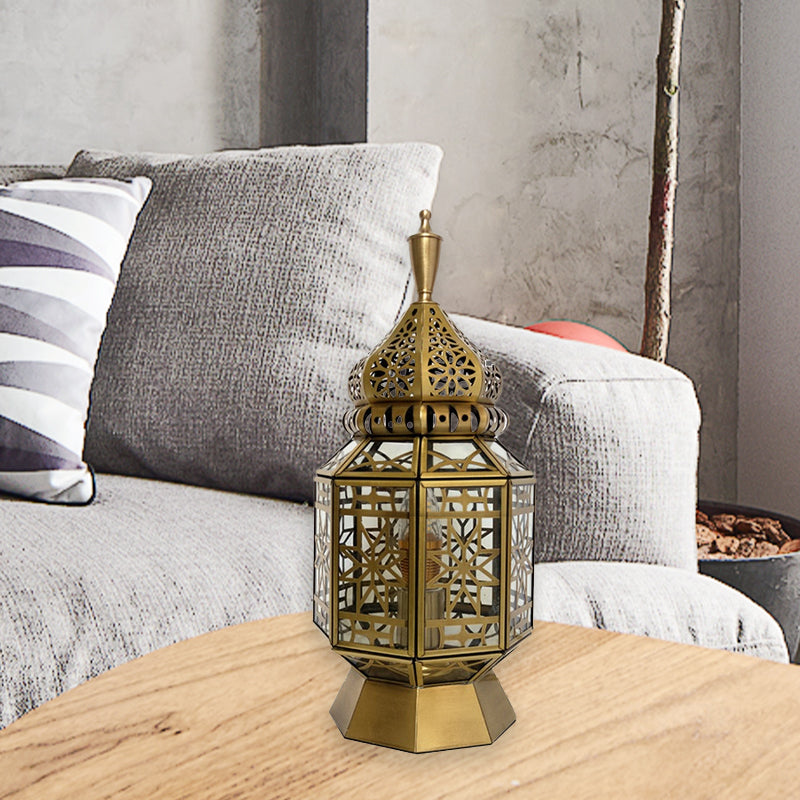 12.5/14 Wide Brass Table Lamp - Antiqued Lantern Metallic Nightstand Light For Bedroom