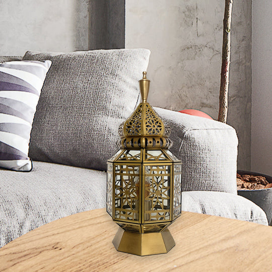 12.5/14 Wide Brass Table Lamp - Antiqued Lantern Metallic Nightstand Light For Bedroom