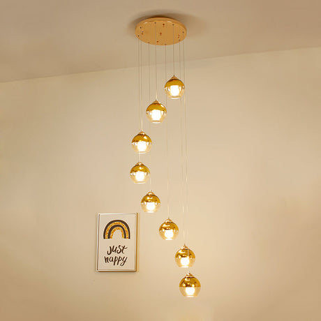 Modern Clear Glass Gold Ball Cluster Pendant Lamp With Stair Led Ceiling Hang - 8-Head Fixture