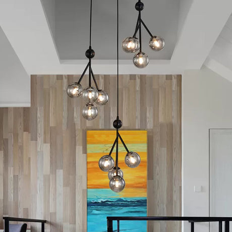Modern Black/Gold Multi-Light Pendant With 12 Led Bulbs - Clear/Amber/Smoke Gray Glass Sphere Design