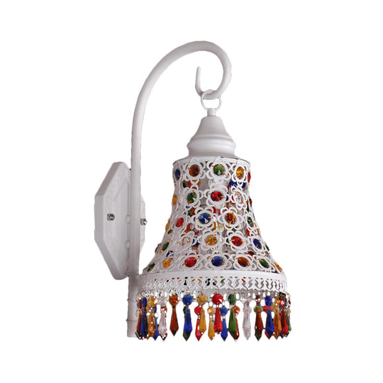 Metal Bell Wall Sconce Light: Decorative 1-Bulb White Corridor Lighting With Crystal Accents