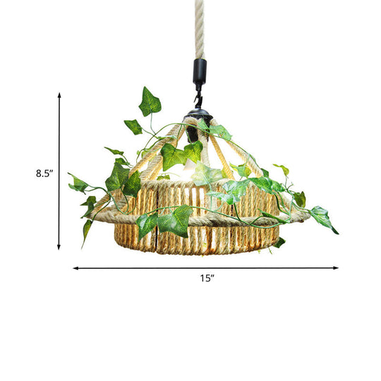 Retro Metal 1-Head Yellow Led Pendant Ceiling Light With Plant Decor - House Restaurant