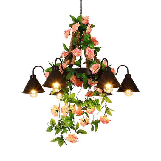 Industrial Metal Cone Chandelier - 6/8 Lights Black With Flower Decoration Led Ceiling Pendant For