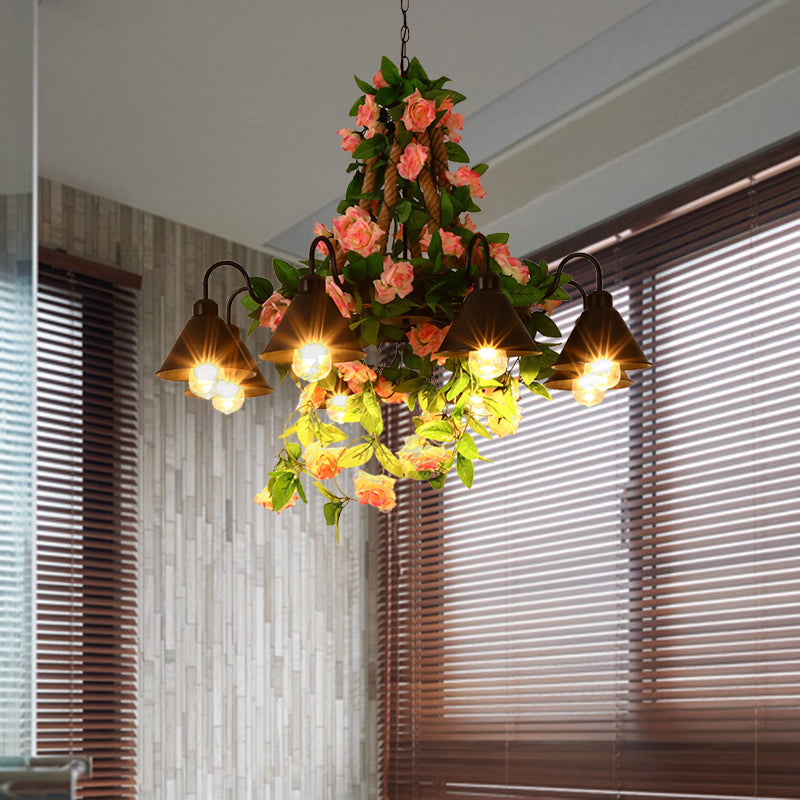 Industrial Metal Cone Chandelier - 6/8 Lights Black With Flower Decoration Led Ceiling Pendant For