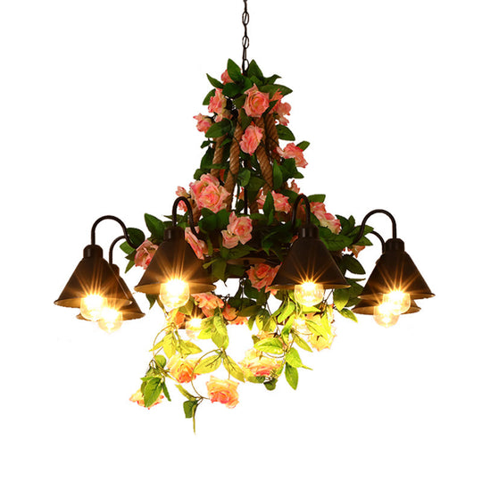 Industrial Metal Cone Chandelier - 6/8 Lights Black With Flower Decoration Led Ceiling Pendant For