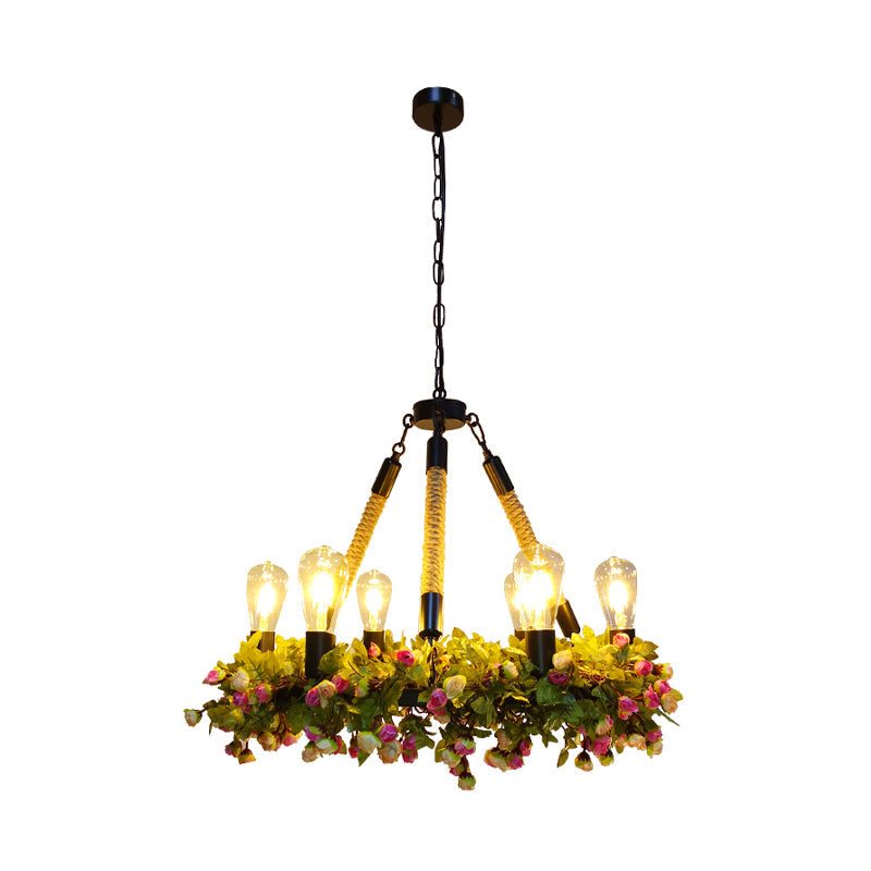 6-Bulb Industrial Metal Led Chandelier - Exposed Bulb Ceiling Pendant In Black With Rose Detailing