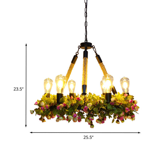 6-Bulb Industrial Metal Led Chandelier - Exposed Bulb Ceiling Pendant In Black With Rose Detailing