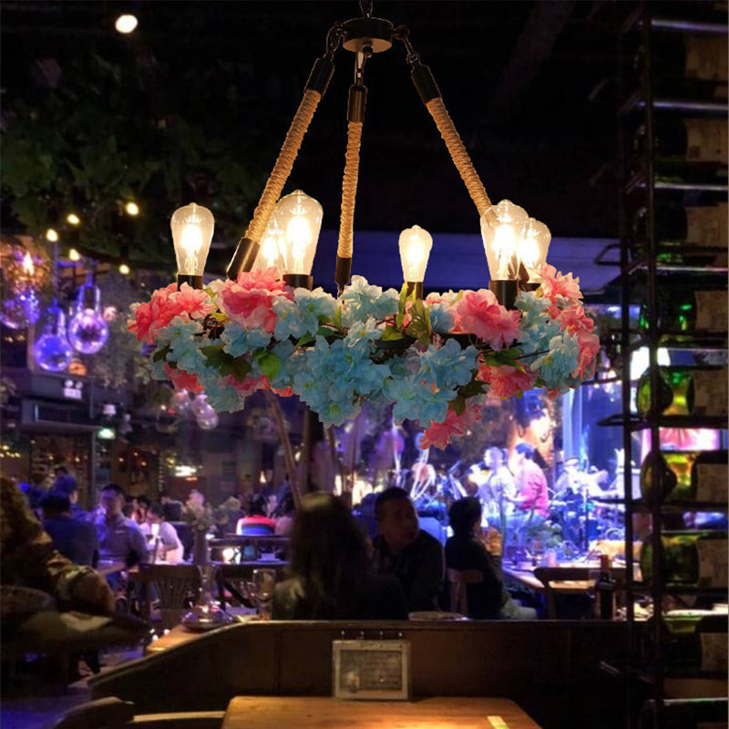 Industrial Metal Led Chandelier With 6 Bulbs Black Finish And Cherry Blossom Detail