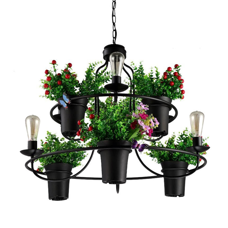 Industrial Black/White Metal Led Plant Pendant Light - 6 Lights 1/2 Tiers. Perfect For Restaurants.