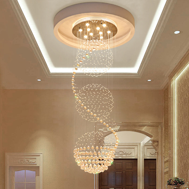 Modern Crystal Ball Pendant - Silver 10-Light Hanging Light For Stairway