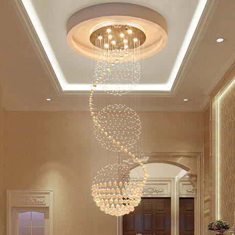 Modern Crystal Ball Pendant - Silver 10-Light Hanging Light For Stairway