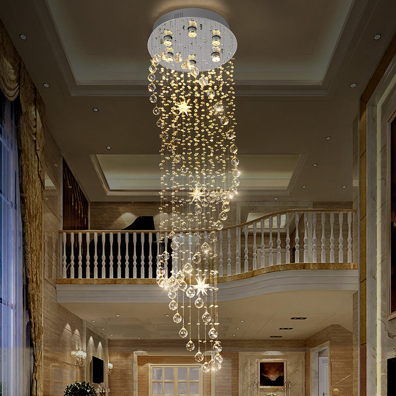 Modern Crystal Silver Led Pendant Waterfall Light With 6 Heads