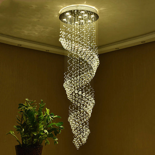 Sleek Spiral Led Pendant Lamp - Clear Crystal Minimalist Design Silver Finish 13-Light Chandelier