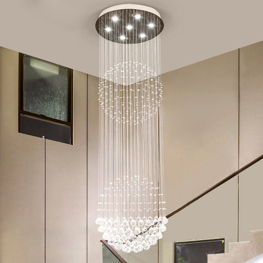 Modern Led Pendant Lamp With 7 Crystals For Stairway - Clear White Cascading Design