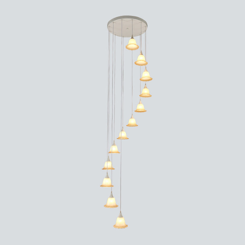 Modern Spiral Design 12-Light White Glass Flower Pendant Ceiling Lamp For Stair Hanging