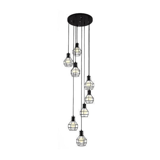 Industrial Black Metal Pendant With Spiral Design - 6 Bulbs Globe Cage Hanging Light Fixture