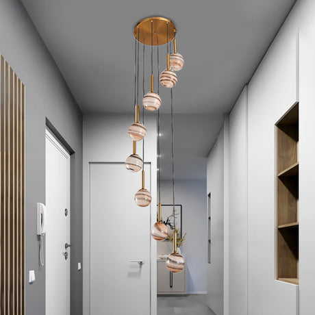 Modern Brown Glass Cluster Pendant Light With Spiral Design - 8 Ball Ceiling Lamp