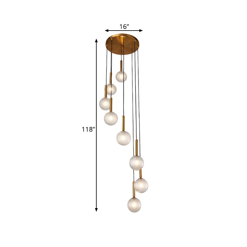 Modern Spiral Pendant Light With 8/9 Bulbs - White/Clear Lattice Glass Cluster Ceiling Fixture