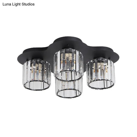 4 - Head Crystal Block Flush Ceiling Light Fixture In Black/Gold - Simple Cylinder Design