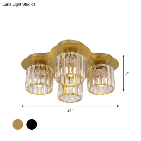 4 - Head Crystal Block Flush Ceiling Light Fixture In Black/Gold - Simple Cylinder Design