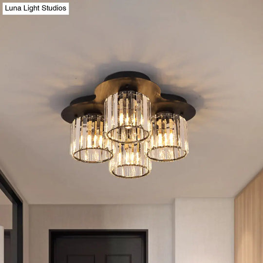 4-Head Crystal Block Flush Ceiling Light Fixture In Black/Gold - Simple Cylinder Design