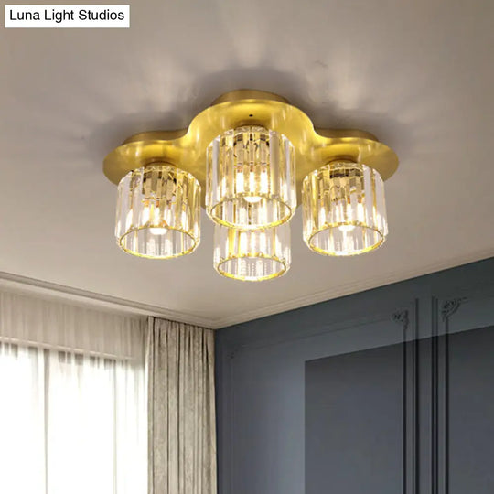 4-Head Crystal Block Flush Ceiling Light Fixture In Black/Gold - Simple Cylinder Design Gold