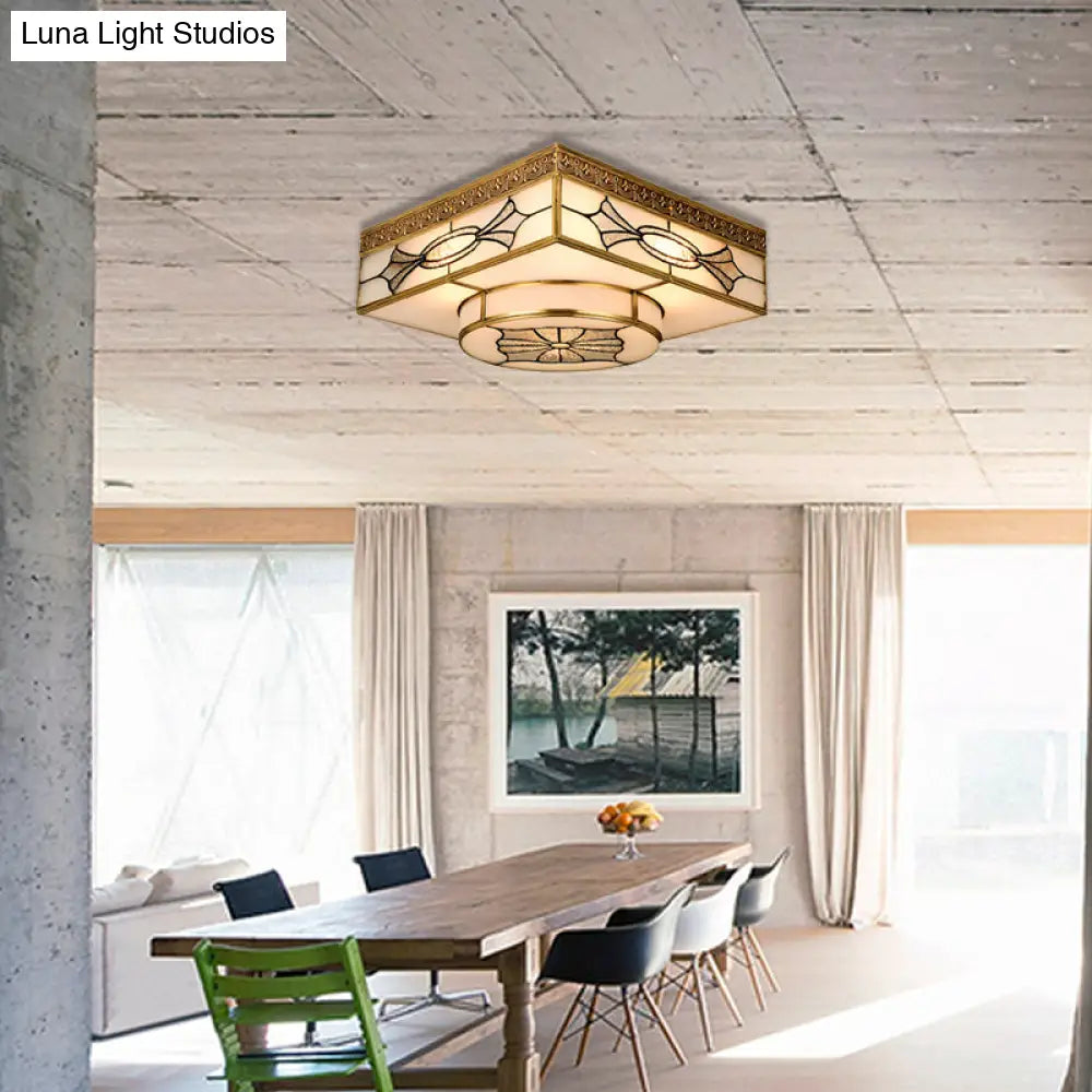 4-Light Colonial Square Opal Glass Flush Mount Gold Kitchen Lighting Fixture