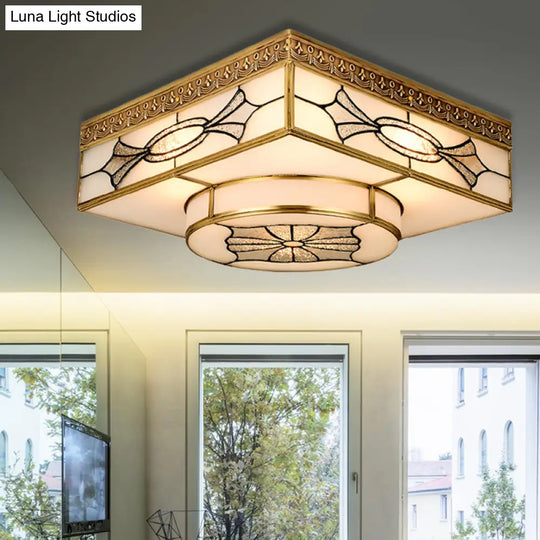 4 - Light Colonial Square Opal Glass Flush Mount Gold Kitchen Lighting Fixture