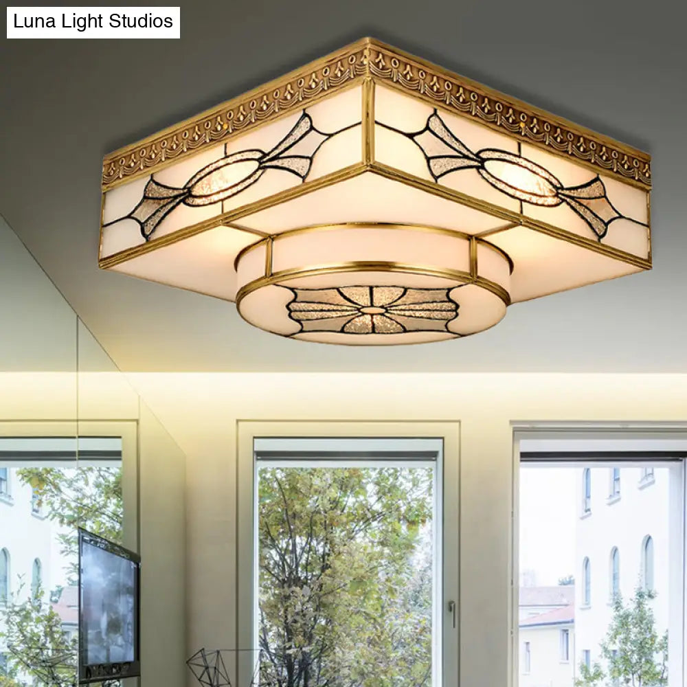 4-Light Colonial Square Opal Glass Flush Mount Gold Kitchen Lighting Fixture