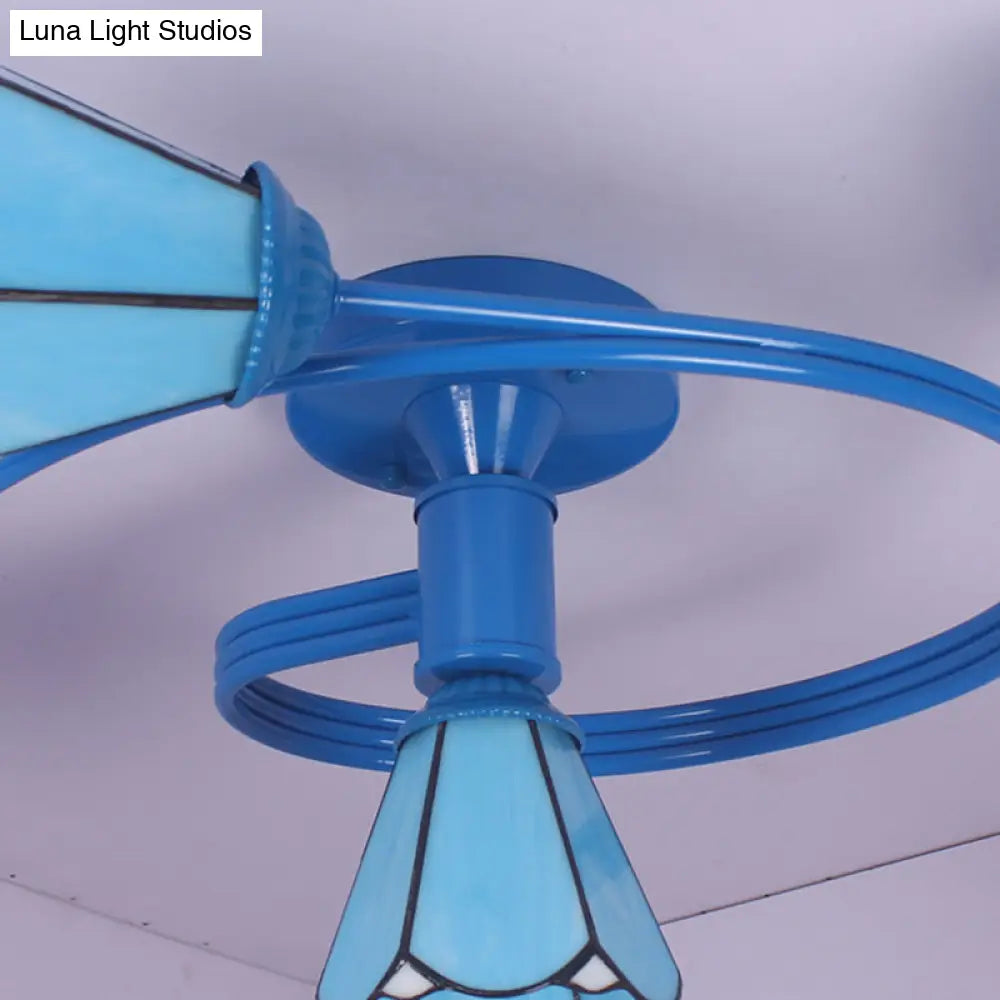 4-Light Tiffany Style Stained Glass Cone Semi Flush Ceiling Light In White/Blue For Living Room