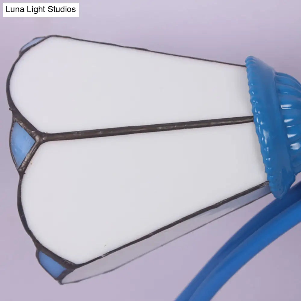 4-Light Tiffany Style Stained Glass Cone Semi Flush Ceiling Light In White/Blue For Living Room