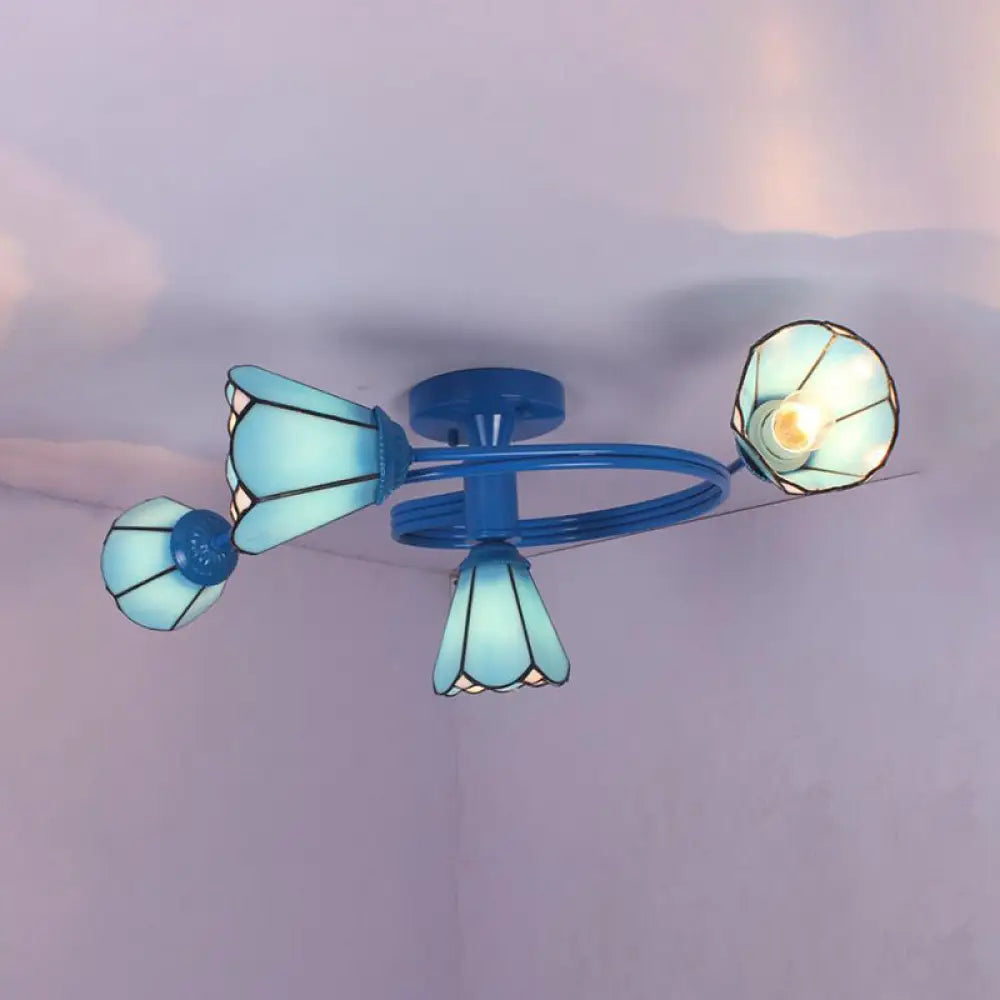 4-Light Tiffany Style Stained Glass Cone Semi Flush Ceiling Light In White/Blue For Living Room Blue