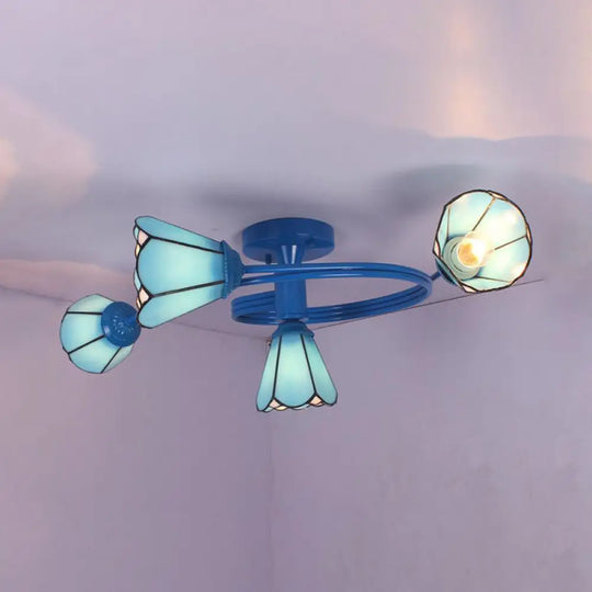 4-Light Tiffany Style Stained Glass Cone Semi Flush Ceiling Light In White/Blue For Living Room Blue