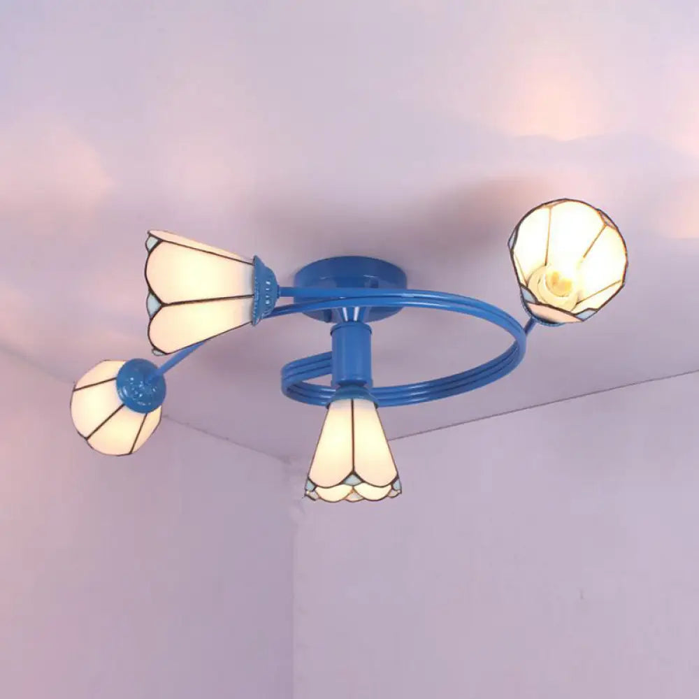 4-Light Tiffany Style Stained Glass Cone Semi Flush Ceiling Light In White/Blue For Living Room