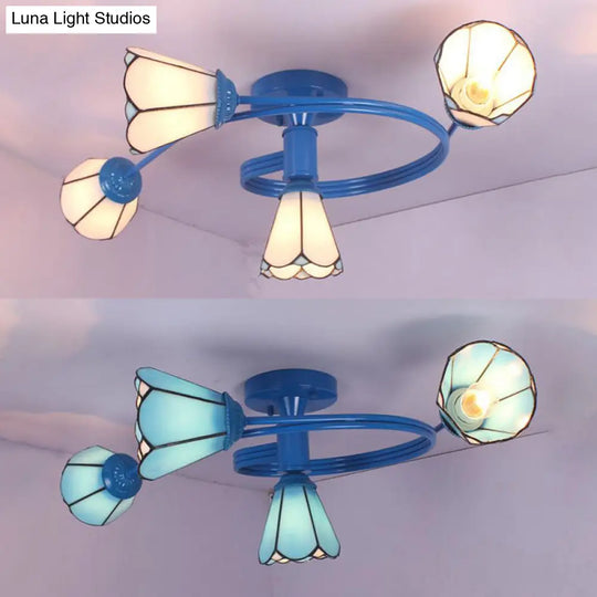 4-Light Tiffany Style Stained Glass Cone Semi Flush Ceiling Light In White/Blue For Living Room