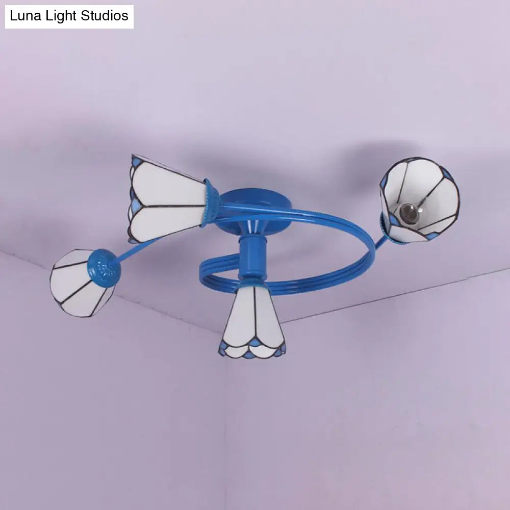 4-Light Tiffany Style Stained Glass Cone Semi Flush Ceiling Light In White/Blue For Living Room