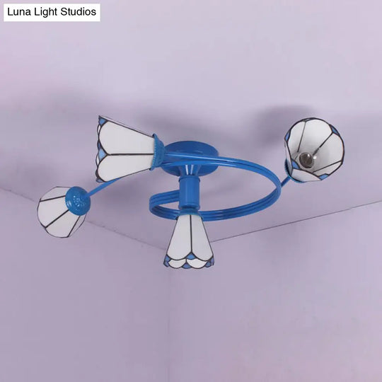 4-Light Tiffany Style Stained Glass Cone Semi Flush Ceiling Light In White/Blue For Living Room