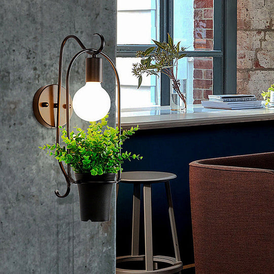 Industrial Metal Potted Plant Sconce With Led Bulb - Black Wall Lighting For Restaurants