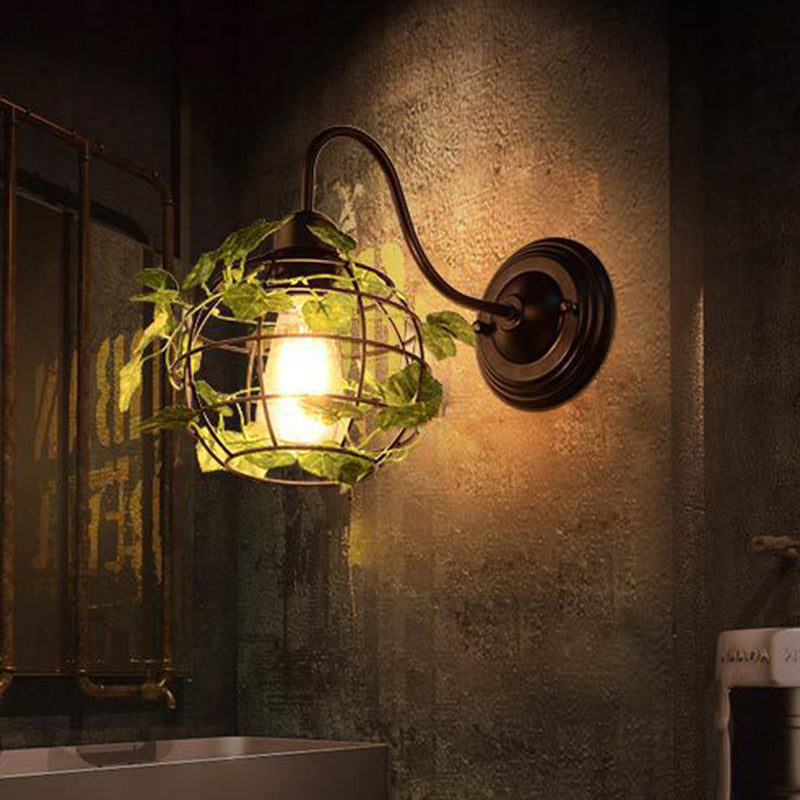 Industrial Diamond/Globe/Square Metal Led Wall Lamp Sconce In Black With Plant - 1 Light Fixture