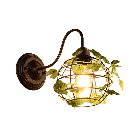 Industrial Diamond/Globe/Square Metal Led Wall Lamp Sconce In Black With Plant - 1 Light Fixture