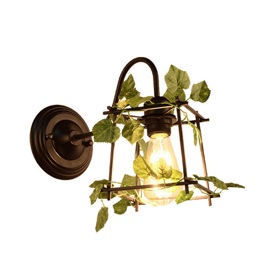 Industrial Diamond/Globe/Square Metal Led Wall Lamp Sconce In Black With Plant - 1 Light Fixture
