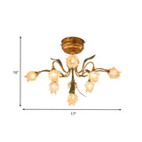 Romantic Pastoral Living Room Led Ceiling Lamp With Flower Frosted Glass In Brass - 9-Head Semi