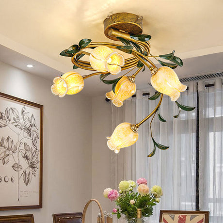 Pastoral Style Tulip Dining Semi-Flush Brass Ceiling Lamp With 5 Led Bulbs