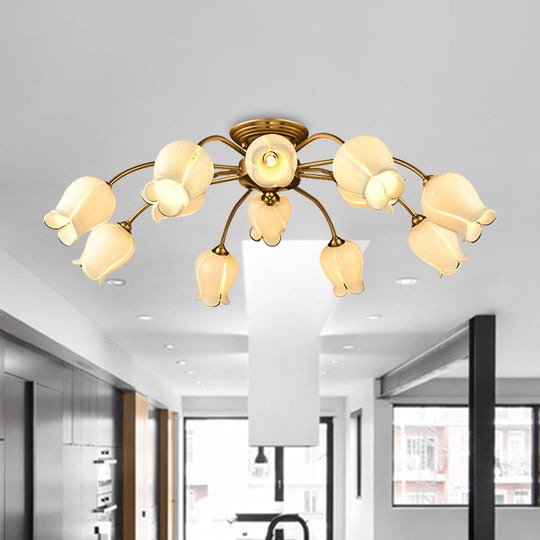 10 - Head Led Semi Flush Mount Ceiling Light For Bedroom With Pastoral Lily/Tulip Glass Shade -