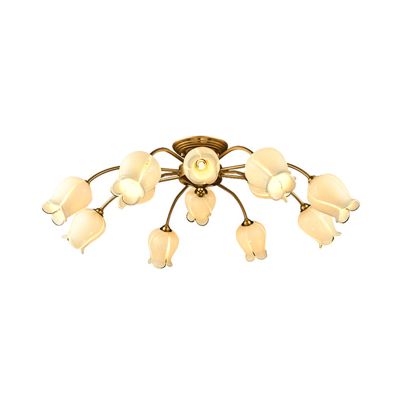 10 - Head Led Semi Flush Mount Ceiling Light For Bedroom With Pastoral Lily/Tulip Glass Shade -