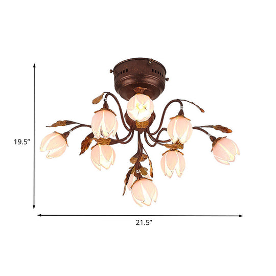 Lotus Metal Ceiling Lamp - 9 - Bulb Semi Flush Mount In Dark Brown Perfect For Living Rooms And