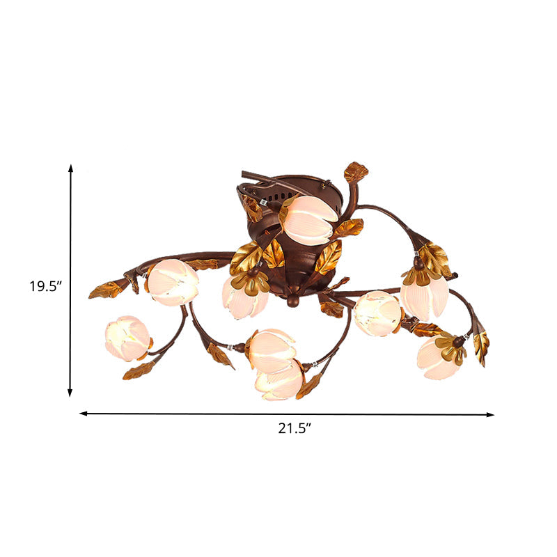 Lotus Metal Ceiling Lamp - 9 - Bulb Semi Flush Mount In Dark Brown Perfect For Living Rooms And