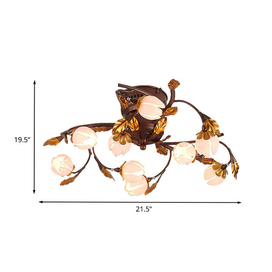 Lotus Metal Ceiling Lamp - 9 - Bulb Semi Flush Mount In Dark Brown Perfect For Living Rooms And