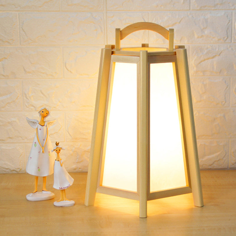 Japanese Tapered Task Lighting Wood Nightstand Lamp In Beige For Bedroom With Handle