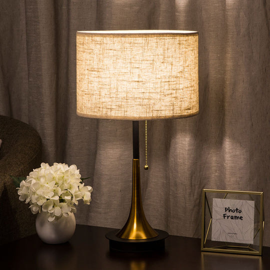 Modern Metal Drum Table Lamp: 1-Head Black/Grey Nightstand Lighting With Pull Chain